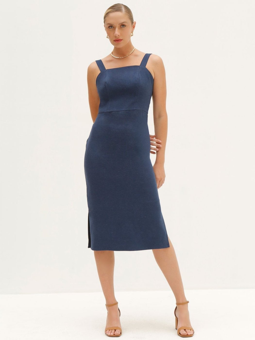 Vestido Principessa Tubinho com Alças de Linho Marinho Berenice