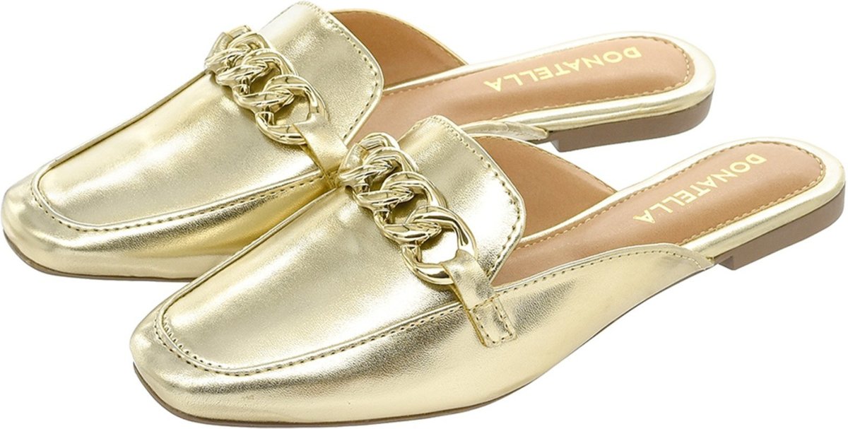 Sapato Mule Feminino CM Calçados Bico Quadrado Confort Metalizado Corrente Ouro Light