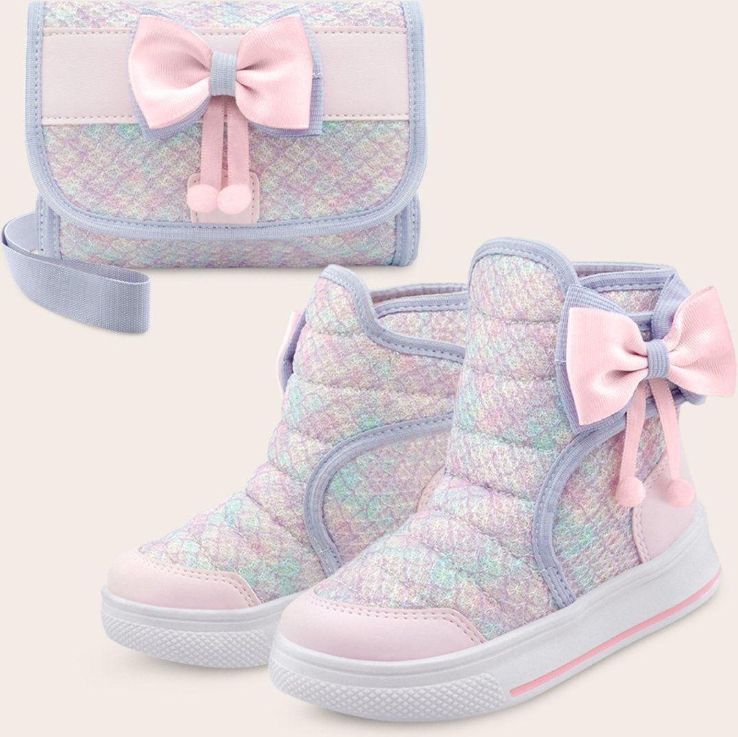 Infantil - Kit Bota Menina Com Bolsa Cano Alto Feminina Rosa/Brilho