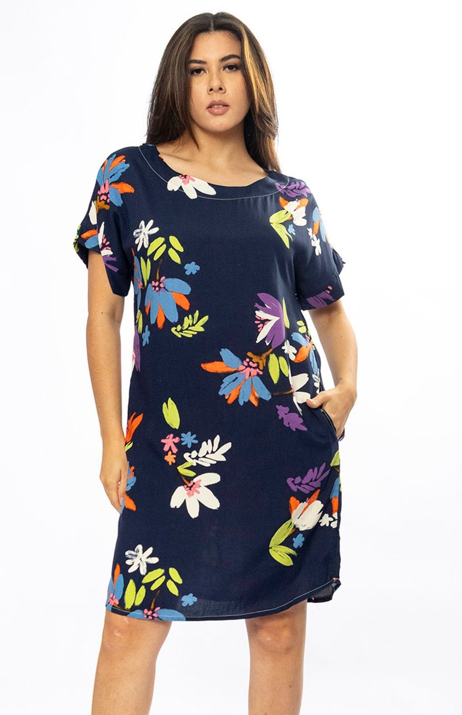 Vestido Curto Cabanafree Viscose com Bolso Estampa Festa das Flores Azul