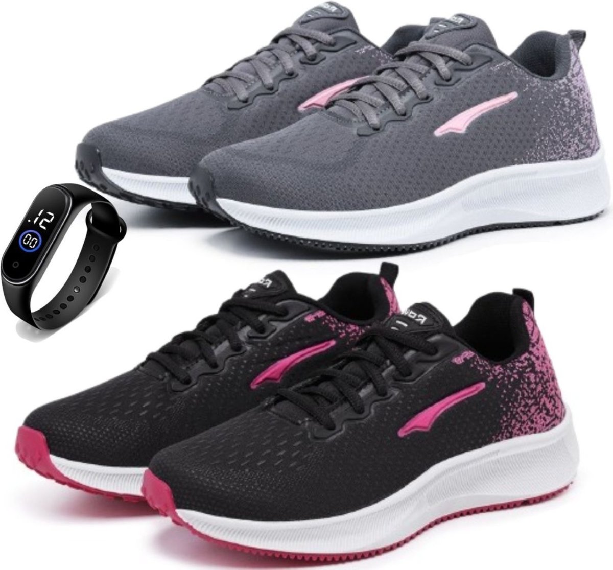 Imagem principal Kit 2 Tênis Femininos Ortopédicos Esportivos para Academia Treino Corrida + Relógio Led Bia Ramos grafite/preto Bia Ramos grafite/preto