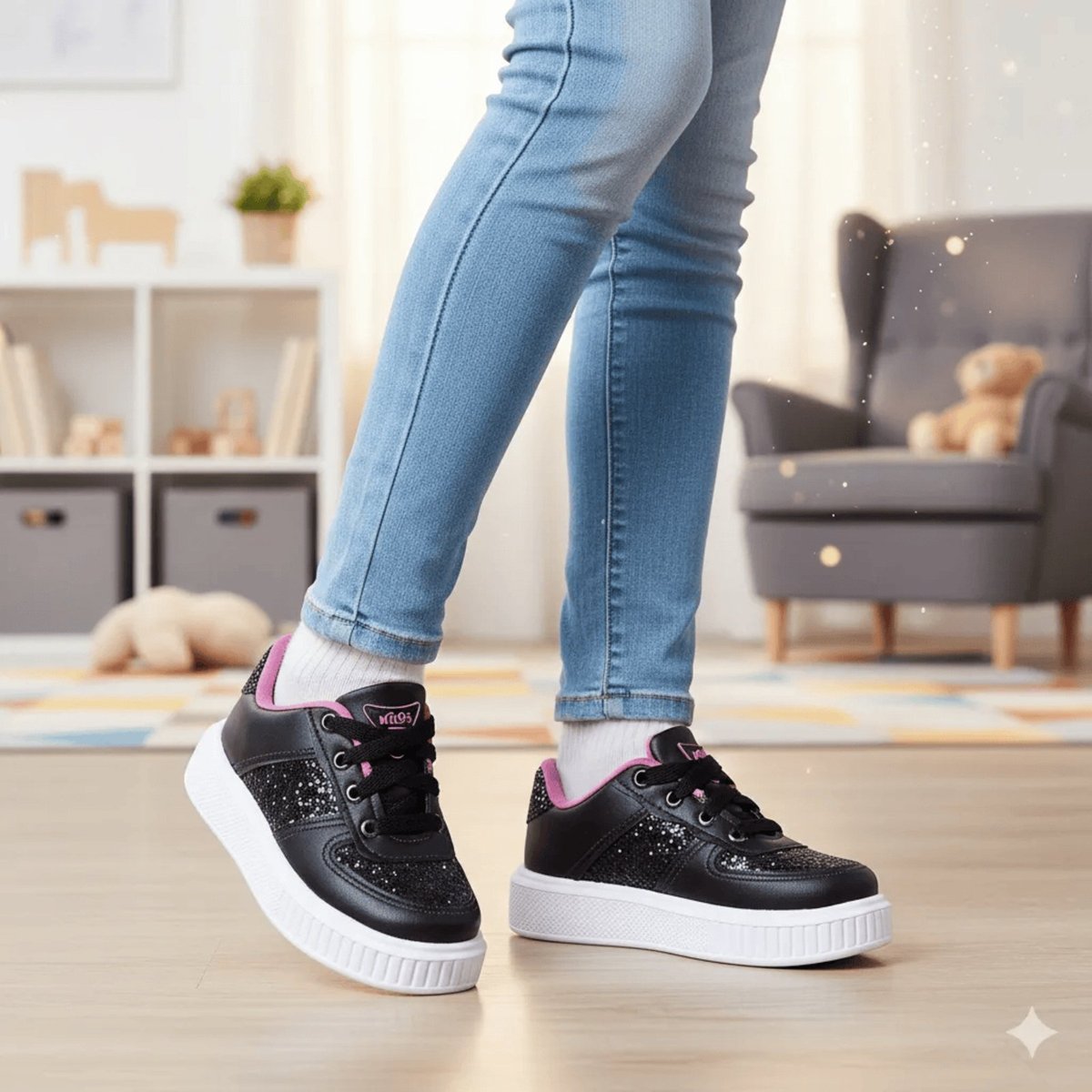 Infantil - Tênis Juliette NIlQi Moda Casual Menina Confortável Macio Cano Baixo Escolar Glitter