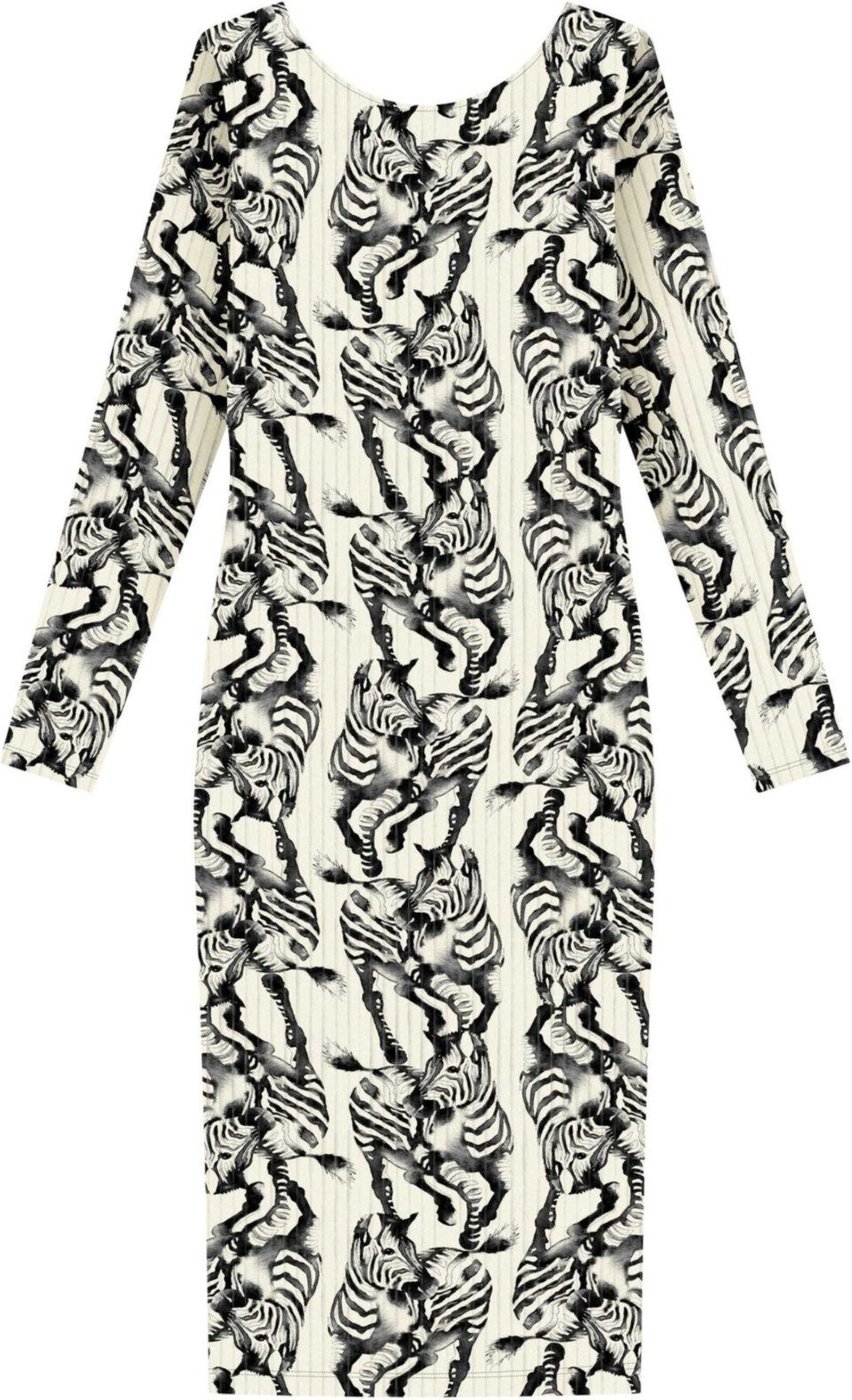 Vestido Lez a Lez Midi Estampado De Mangas Longas Em Malha Canelada