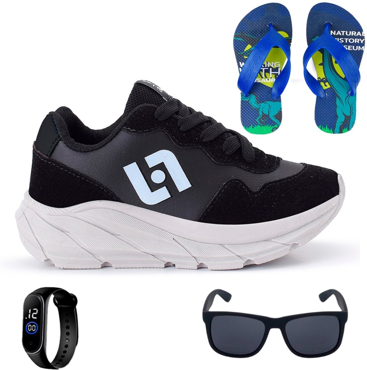 Imagem principal Infantil - Tenis Meninos Jogger Escolar Casual Camurça + Chinelo Oculos Relogio CALCADOS LGHT LIGHT preto CALCADOS LGHT LIGHT preto