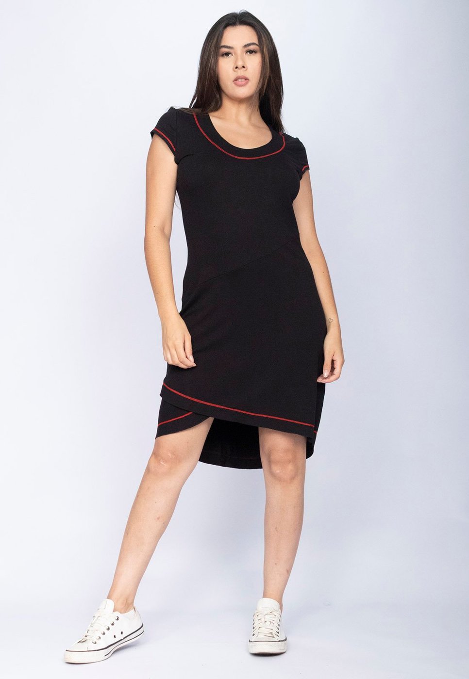 Vestido CabanaFree Mullet Malha Transpassado com Detalhe Vermelho