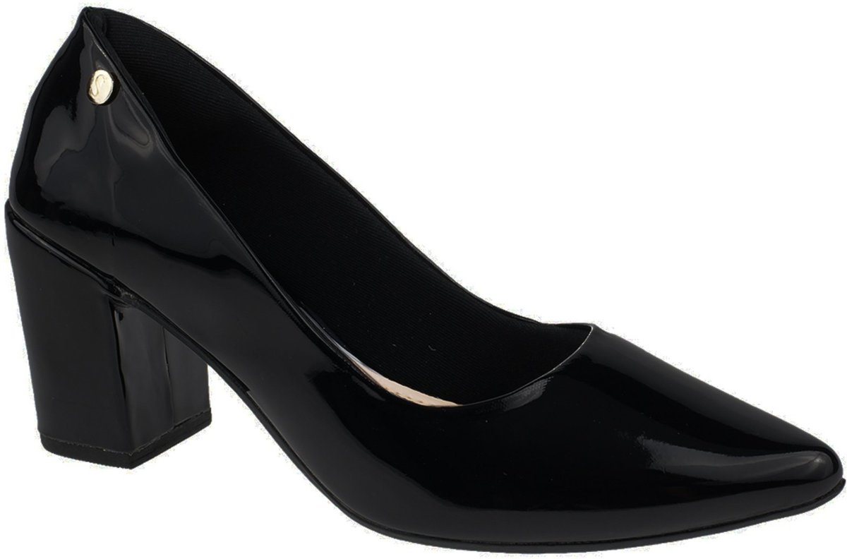 Imagem principal Sapato Social Scarpin Bico Fino Festa Shekinah Salto Alto Bloco Quadrado Verniz preto Shekinah preto