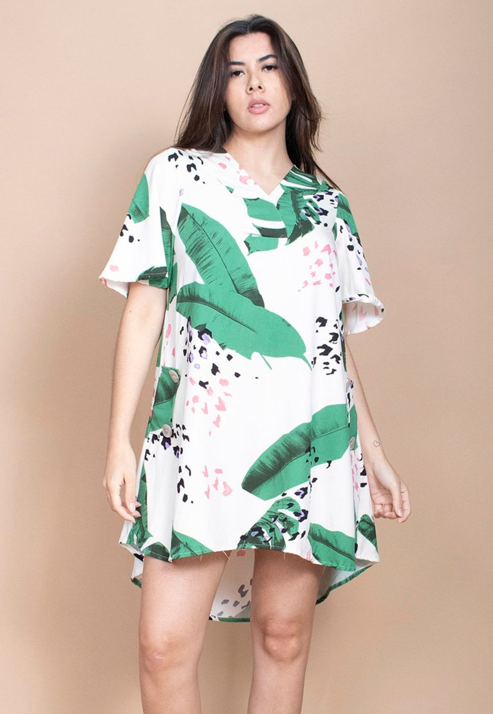 Vestido Curto Cabanafree Pataxô Viscose Mullet Decote V Folhagem Poética