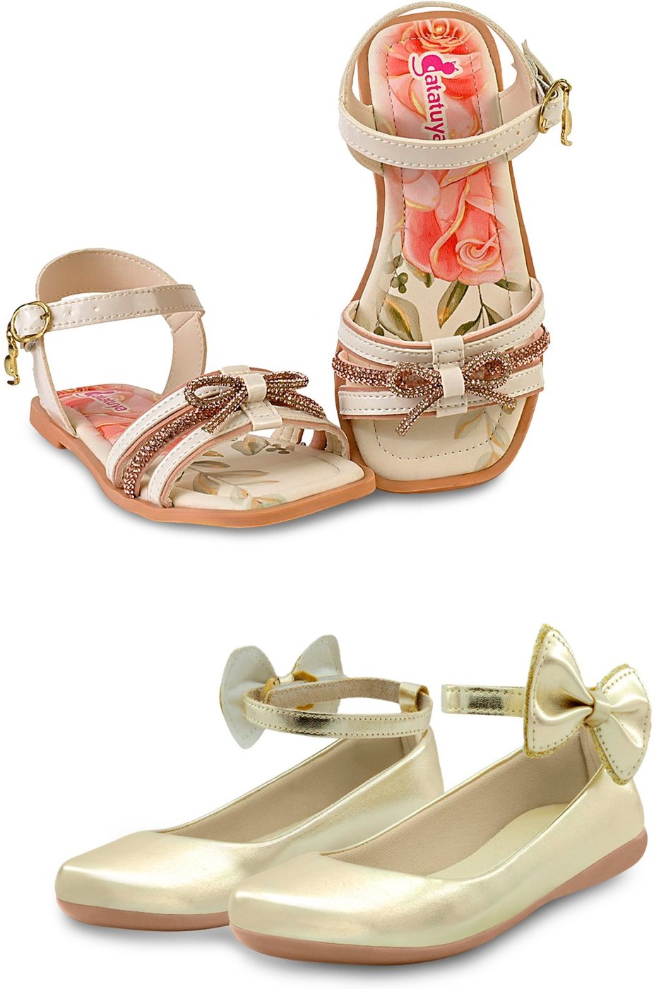 Infantil - Kit 2 Pares Sandália Menina Brilho E Sapatilha Dourada Laço