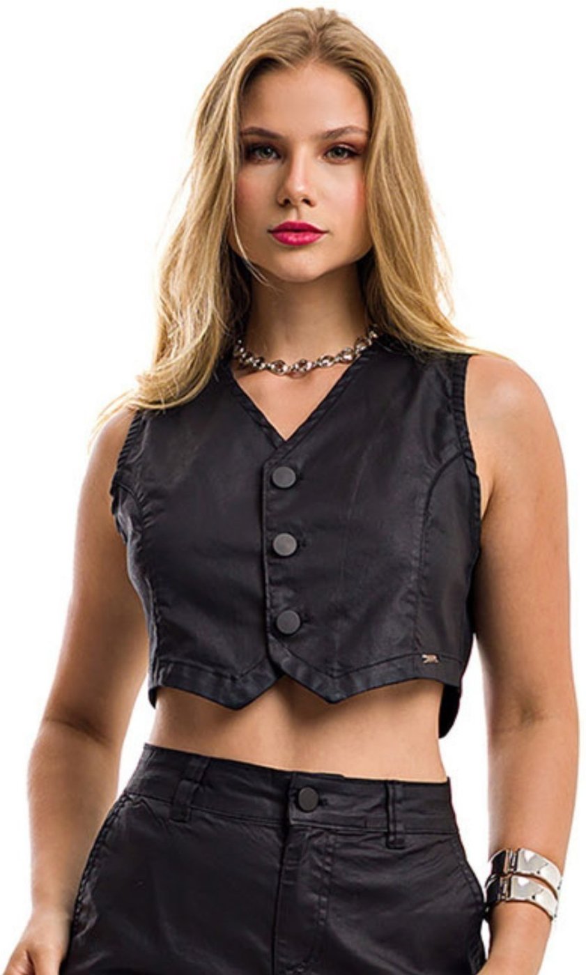 Colete Curto Restrito Jeans Resinado Com Elastano