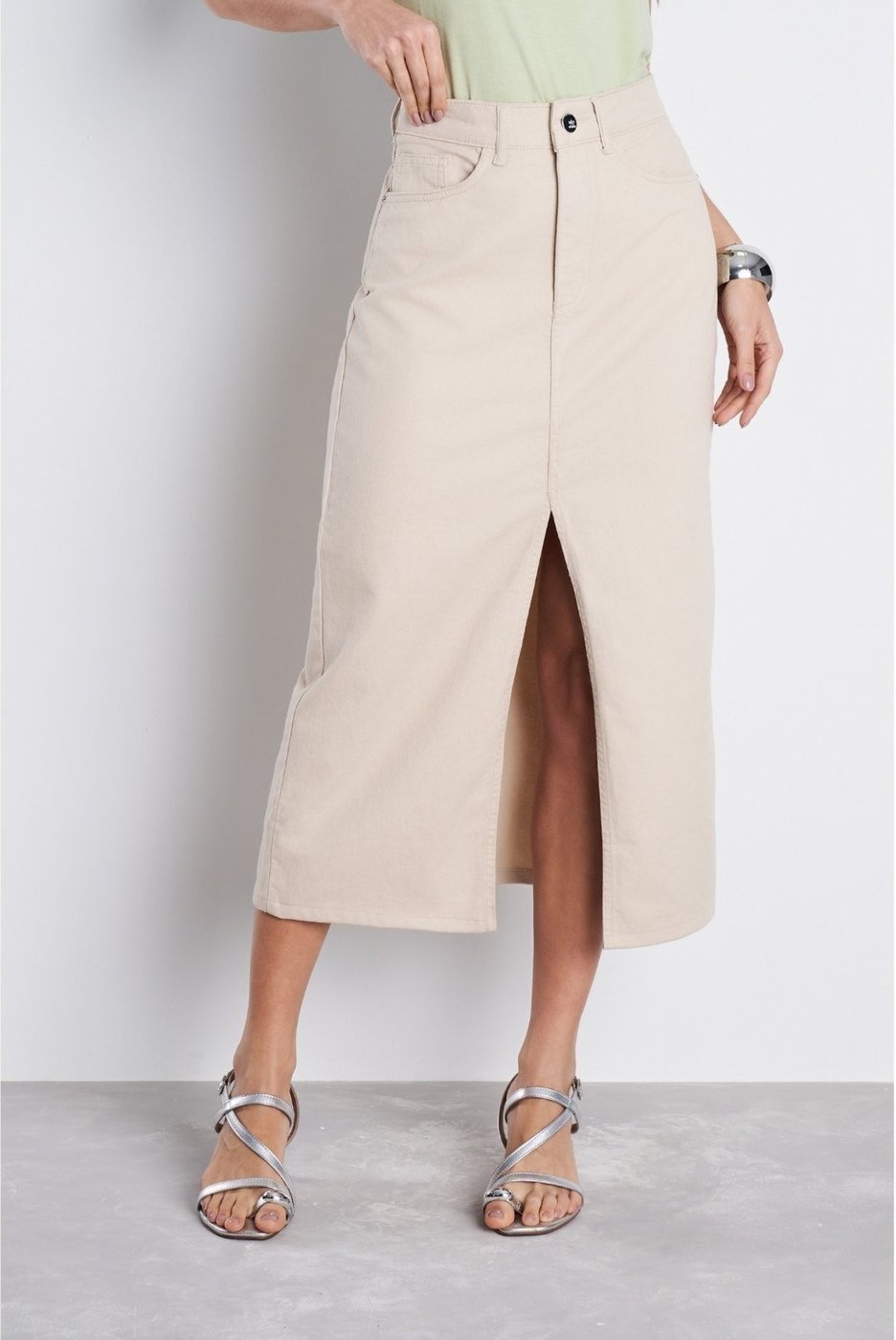 Saia Midi Jeans Feminina Cintura Alta