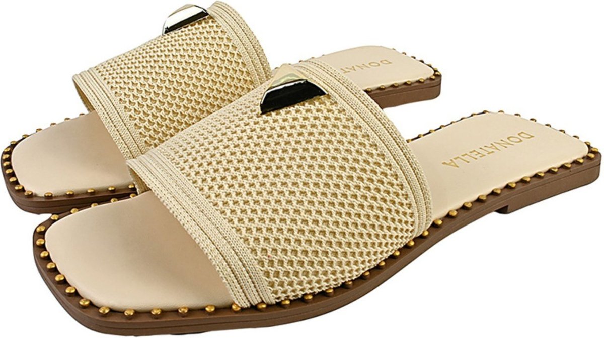 Rasteira Feminina Chinelo Rasteirinha Bico Quadrado Donatella Shoes Tecido Juta Macia Pingente Metálico Off White