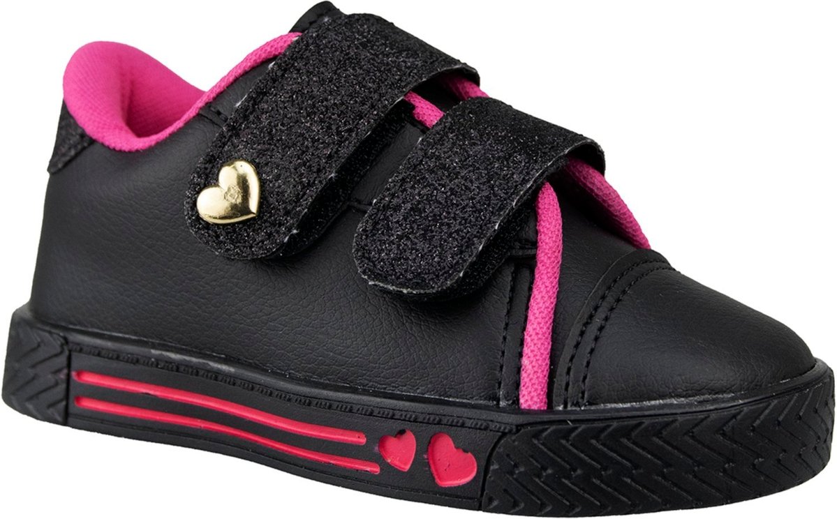 Infantil - Tênis Menina Kith Casual Preto/Pink Detalhe Dourado Coração Delicada Volta as Aulas Confortável