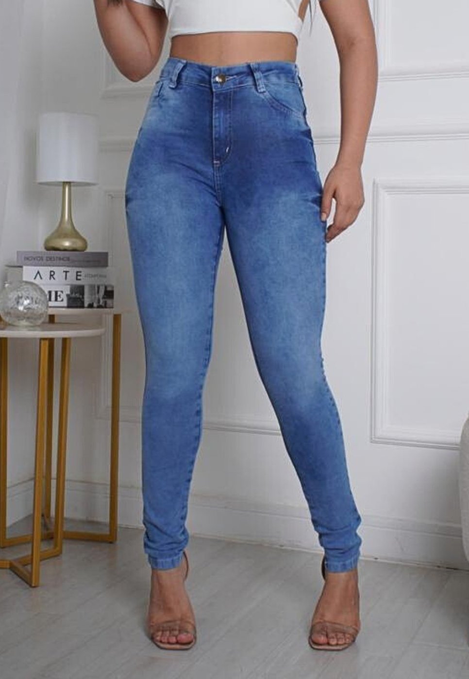 Calça Jeans Skinny Feminina Cintura Alta com Elastano Marmorizada Tendência