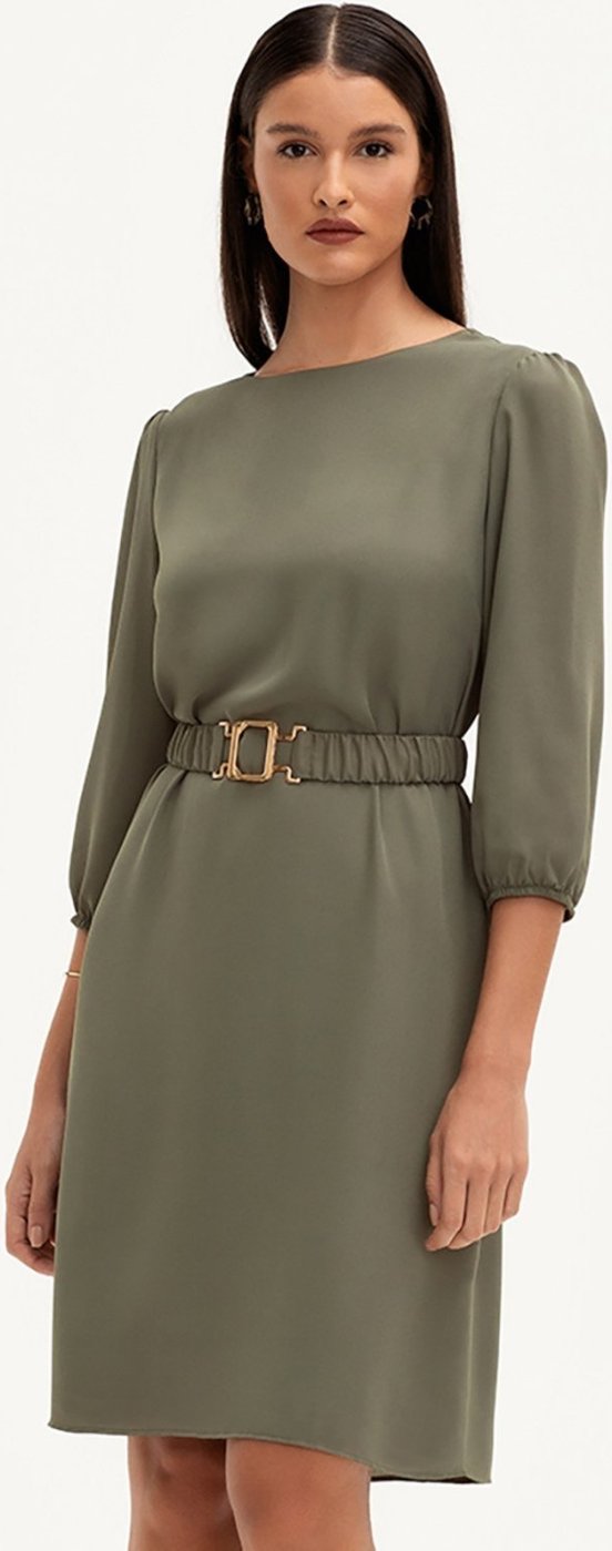 Vestido Clássico com Cinto e Fivela Dourada Oliva Vilmara