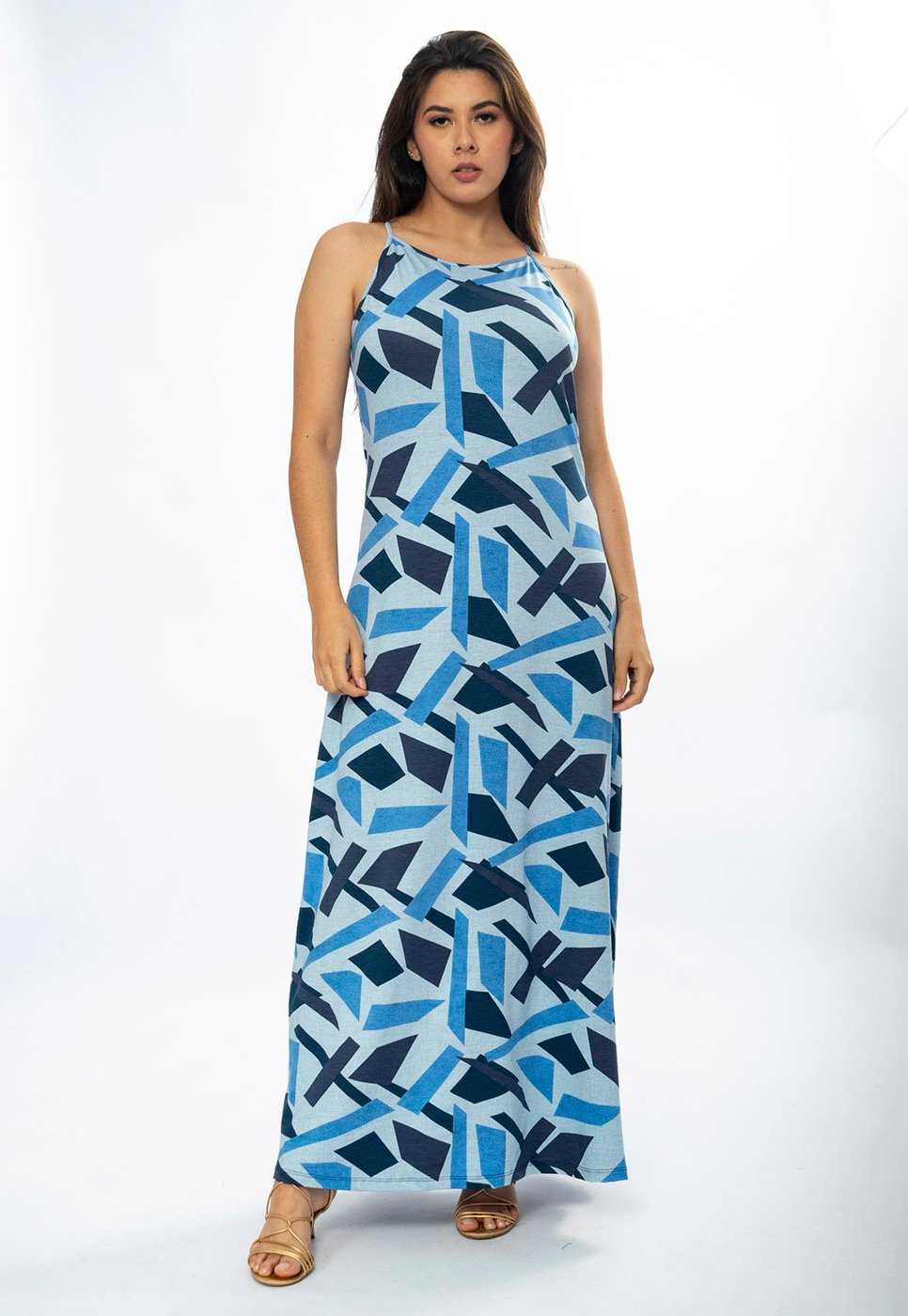 Vestido Longo Amazônia Vital Malha Trapézio Estampa Caminhos de Azul