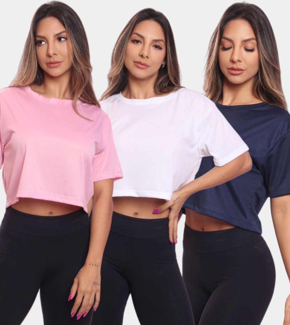 Imagem principal Kit 3 Cropped Manga Curta Feminino Dry Proteção UV Blusa Blusinha Academia Treino Colorido ADRIBEN multicolorido ADRIBEN multicolorido