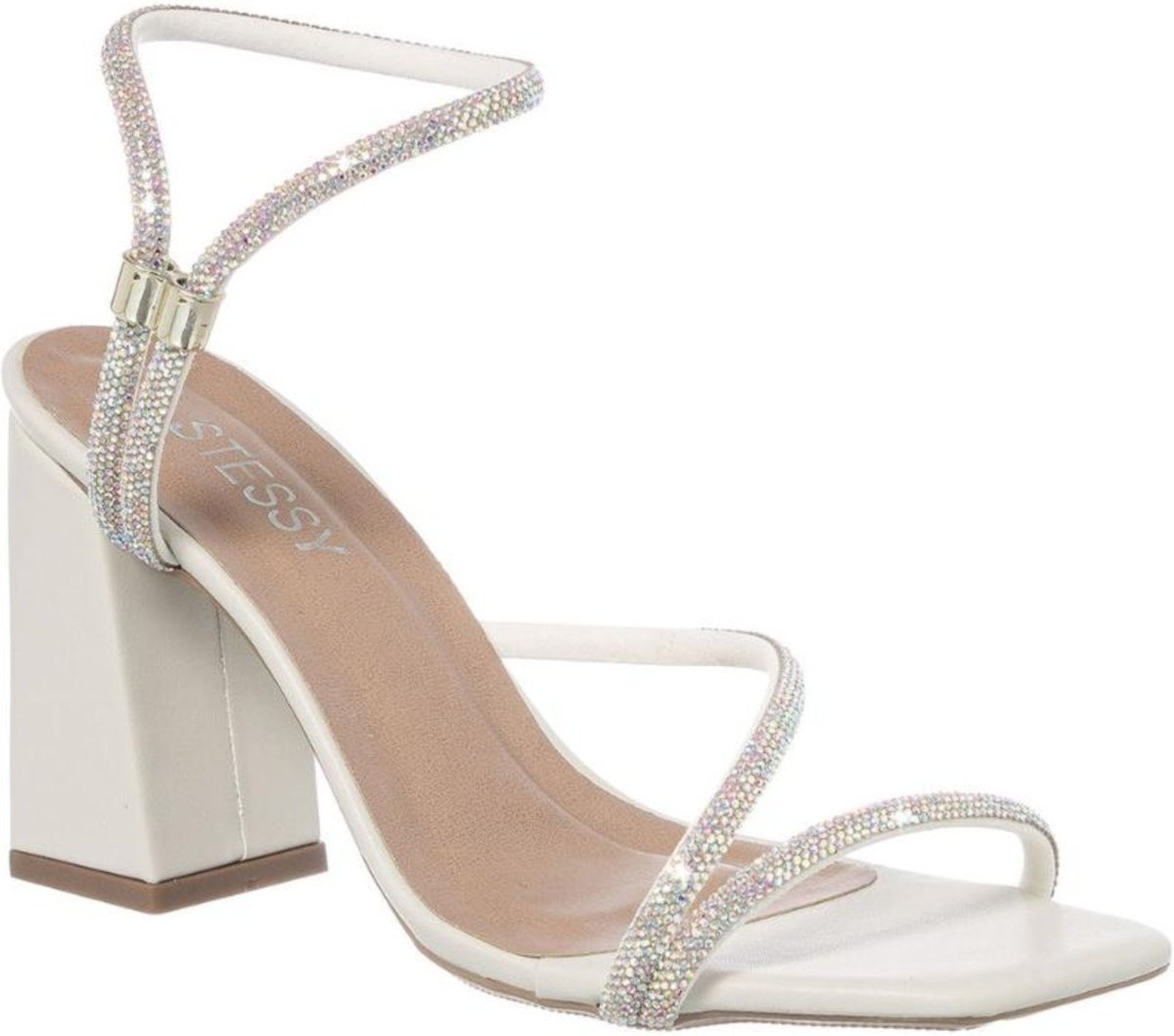 Sandália Feminina Salto Grosso Strass Calce Fácil Confortável Off White