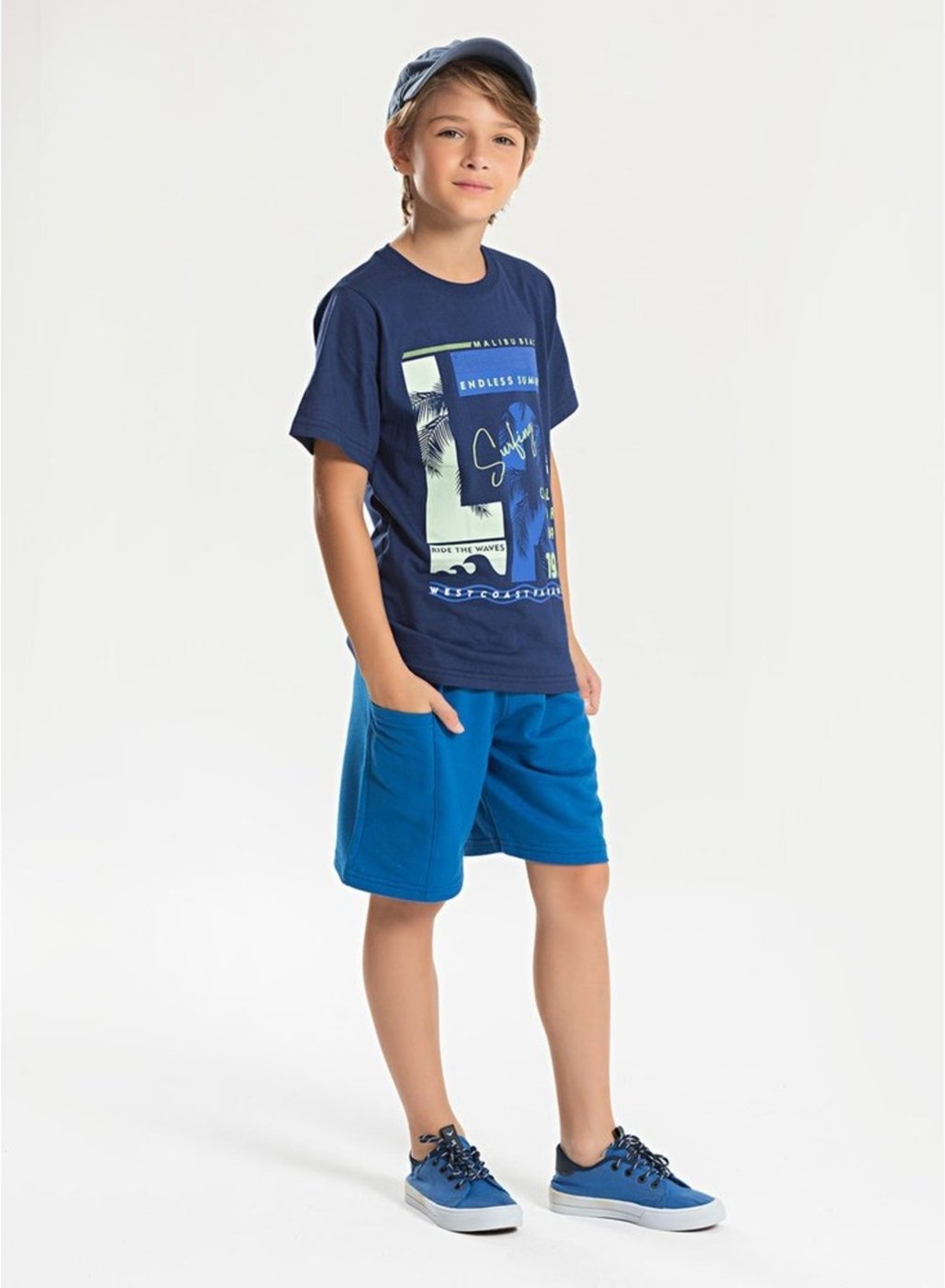 Imagem principal Infantil - Conjunto Verão Menino Marinho Camiseta e Bermuda Com Bolso Califórnia Vibes Molekada azul Molekada azul