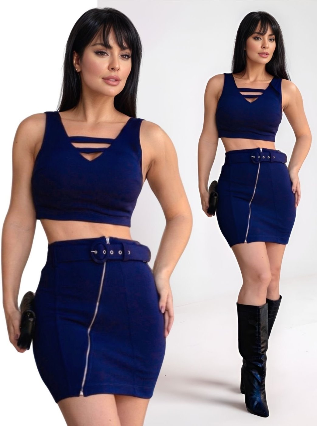 Conjunto Feminino Tropical Fashion Cropped Vazado Saia com Zíper