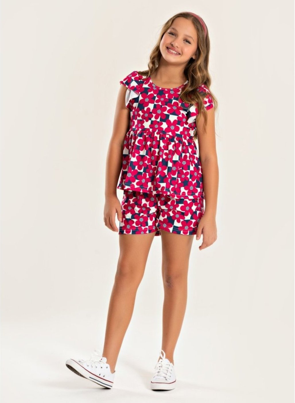 Imagem principal Infantil - Conjunto Molekada Verão Menina Marinho Cropped com Babado e Shorts Flores azul Molekada azul