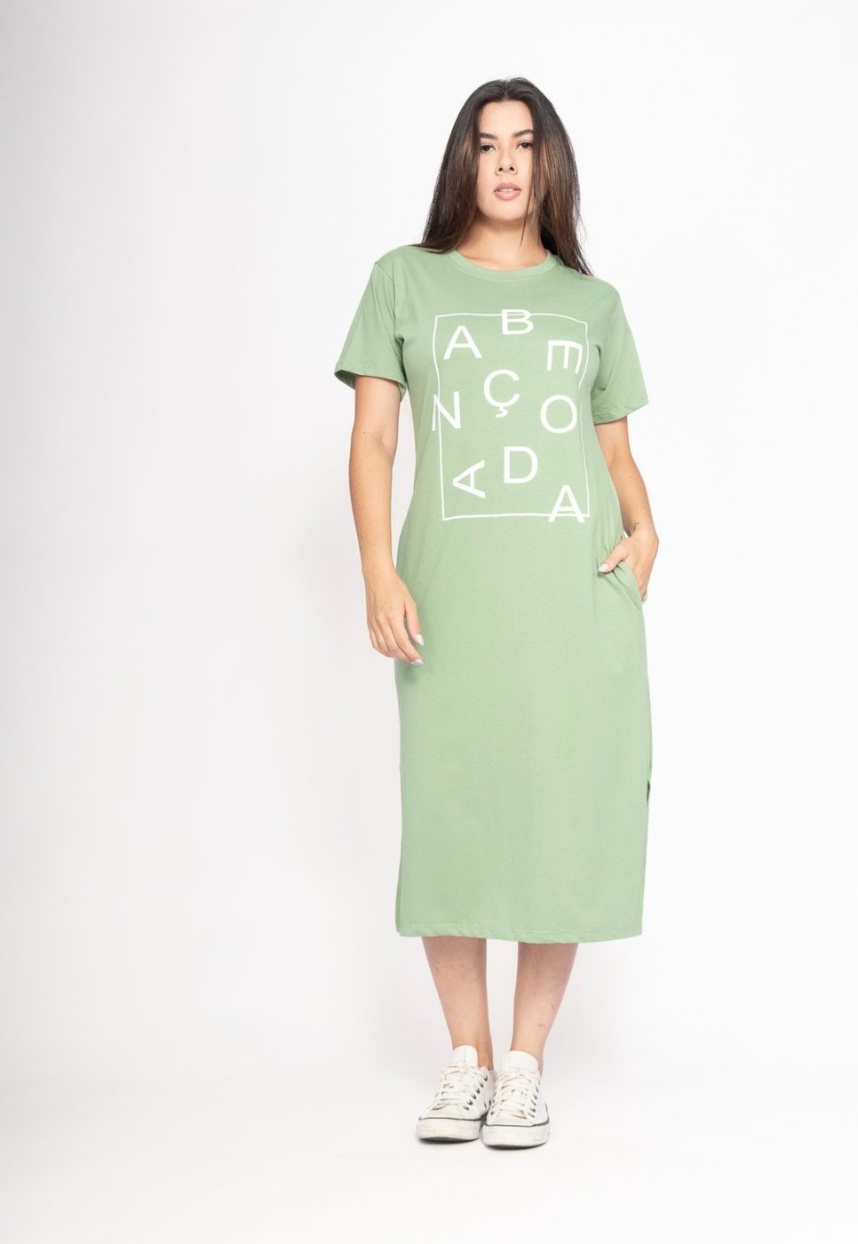 Vestido CabanaFree Midi Algodão Manga Curta Moda Evangélica Folha Serena