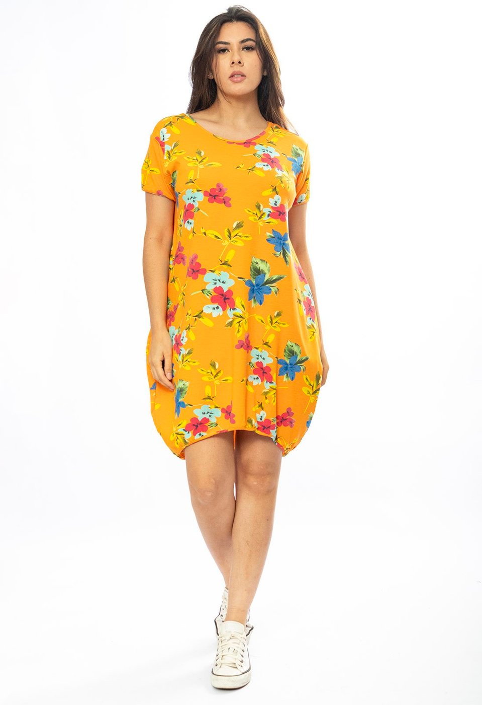 Vestido Curto Cabanafree Malha Amplo Always Estampa Laranja Floral
