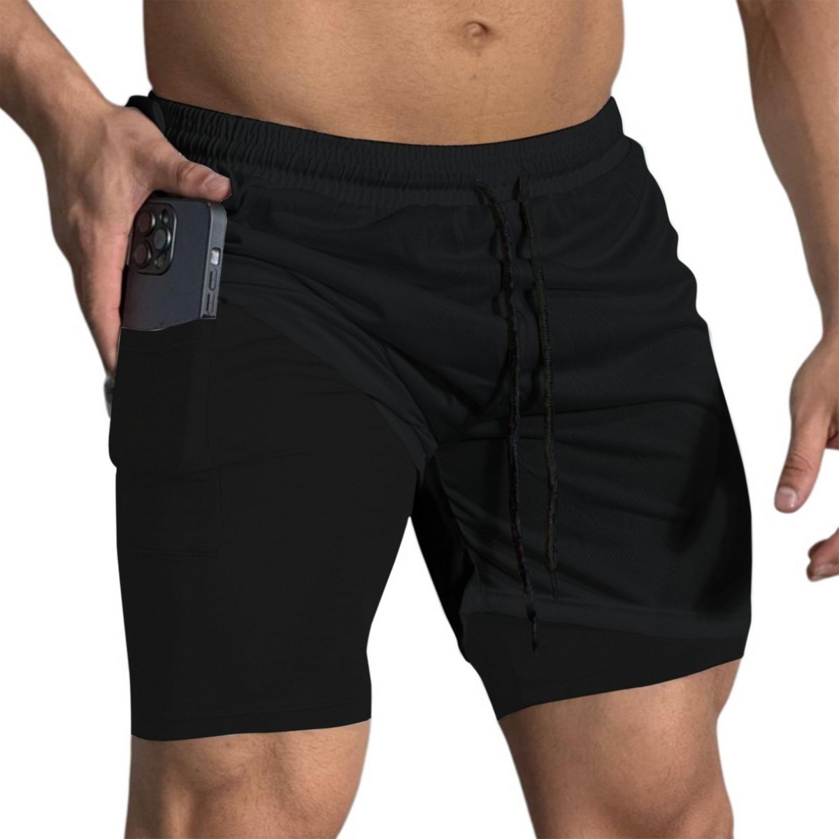 Imagem principal Short Treino Dry Térmico 2 em 1 com Bolso para Celular e Porta-Toalha Calção Fitness Academia Relaxado preto Relaxado preto