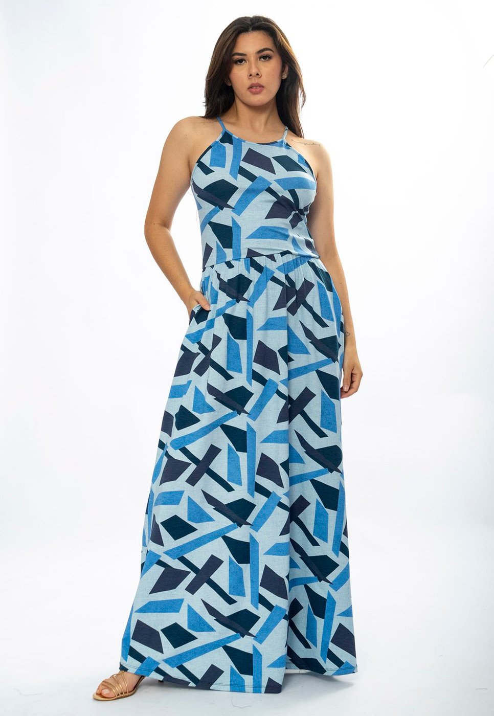 Vestido Amazônia Vital Longo Jennifer Malha Trapézio com Bolso Caminhos de Azul