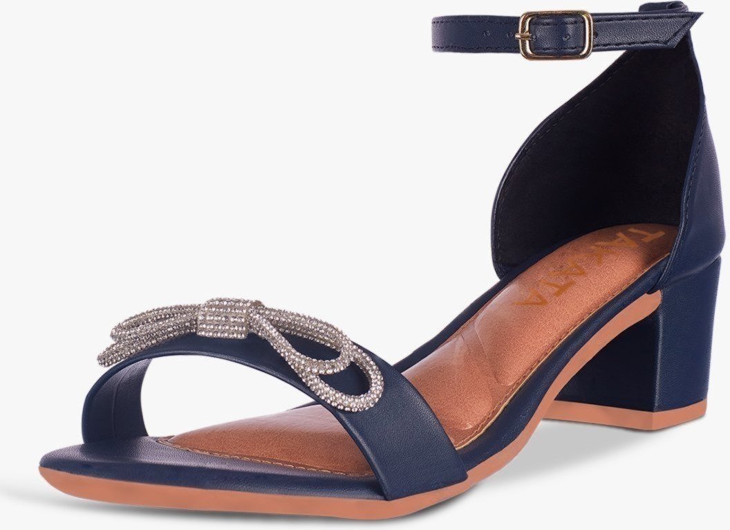 Sandália Feminina Salto Bloco Quadrado Baixo Sapato Laço Cristal Marinho