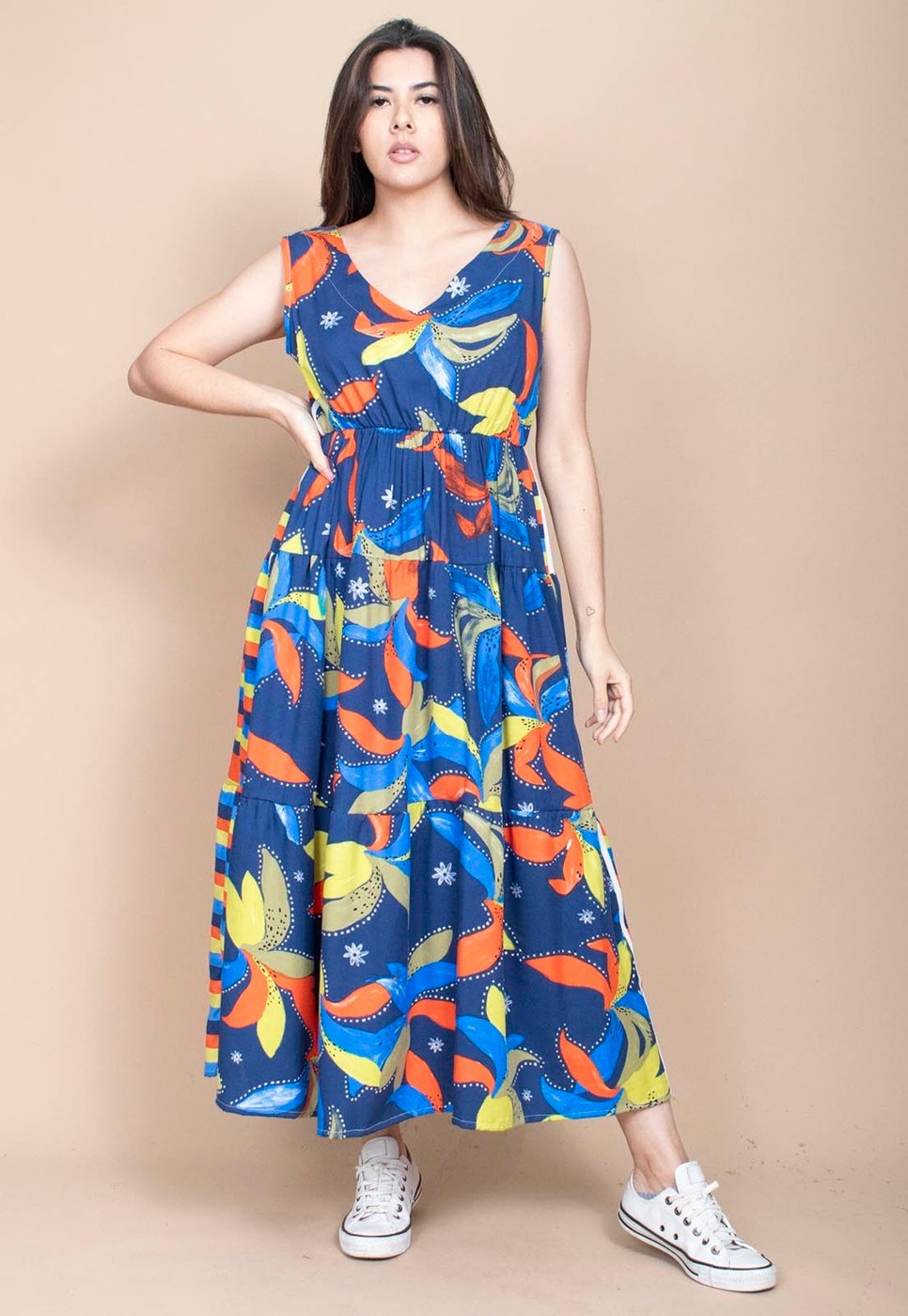 Vestido Cabanafree Regata Longo Peri Viscose Camadas Estampa Maré Vibrante