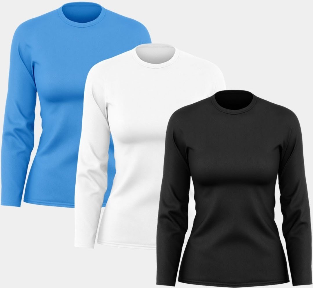 Imagem principal Kit 3 Camisetas Manga Longa Feminina Dry Básica Lisa Proteção Solar UV Térmica Blusa Academia Esporte Camisa Branco/Azul ADRIBEN preto azul ADRIBEN preto azul