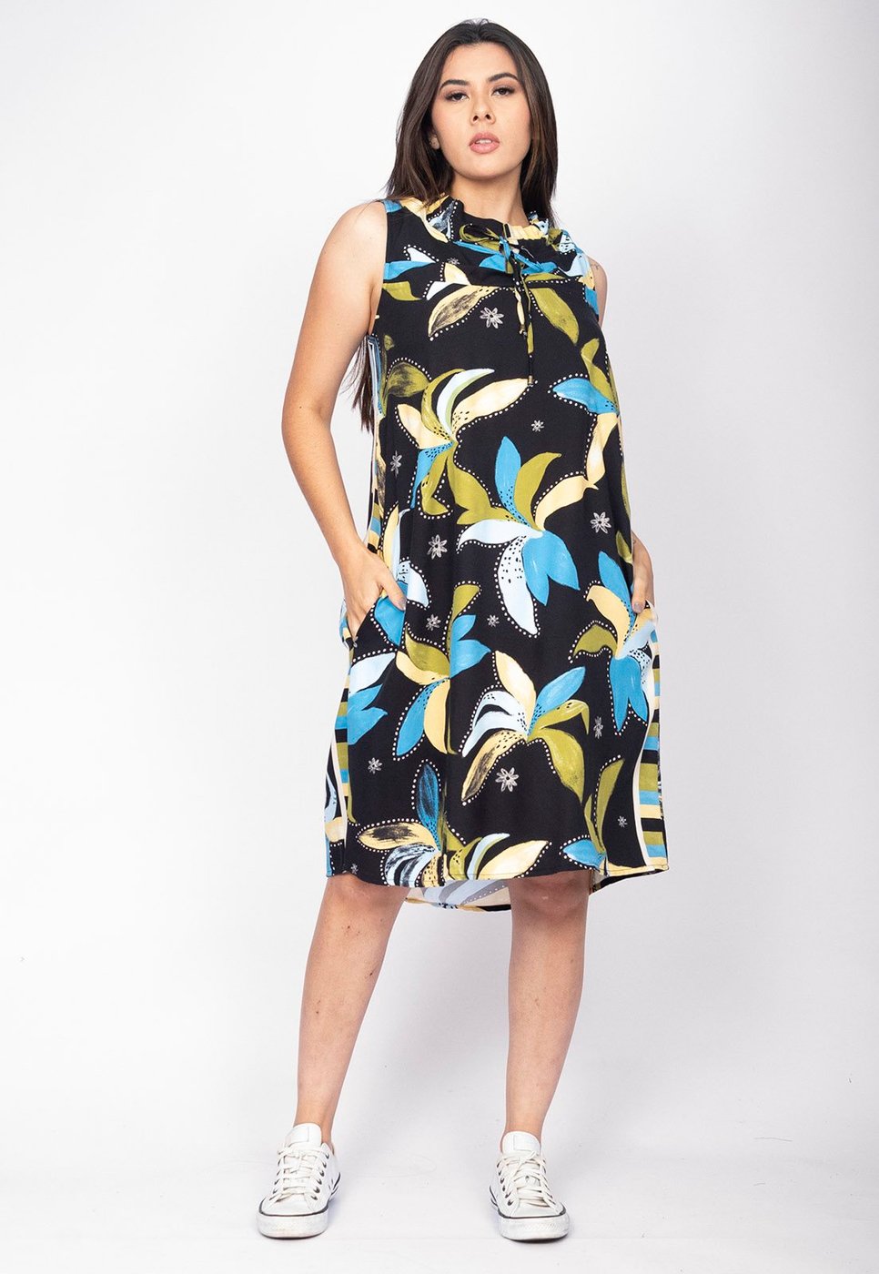 Vestido Midi Cabanafree Viscose Piaf Jardim Noturno