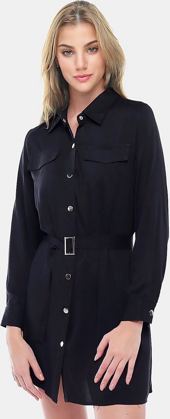 Vestido Chemise Manga Longa com Bolsos e Cinto