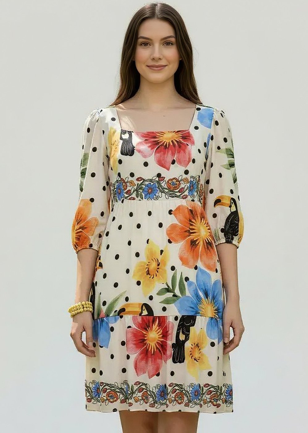 Imagem principal Vestido CabanaFree Curto Manga 3/4 Estampa Jardim do Tucano estampado/off-white Cabanafree estampado/off-white