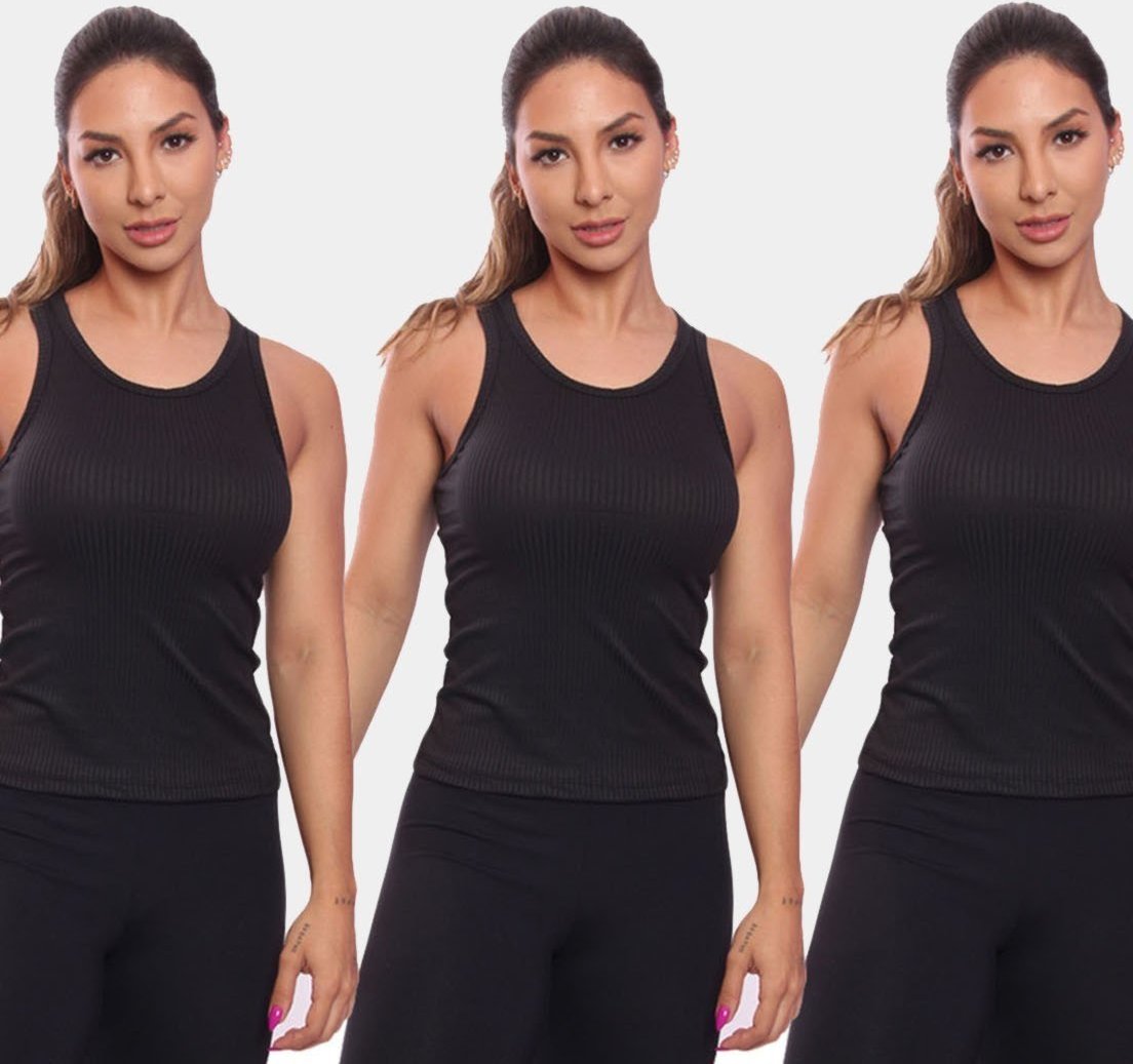 Imagem principal Kit 3 Regatas Nadador Canelada Feminina Lisa Blusa Blusinha Básica ADRIBEN preto ADRIBEN preto