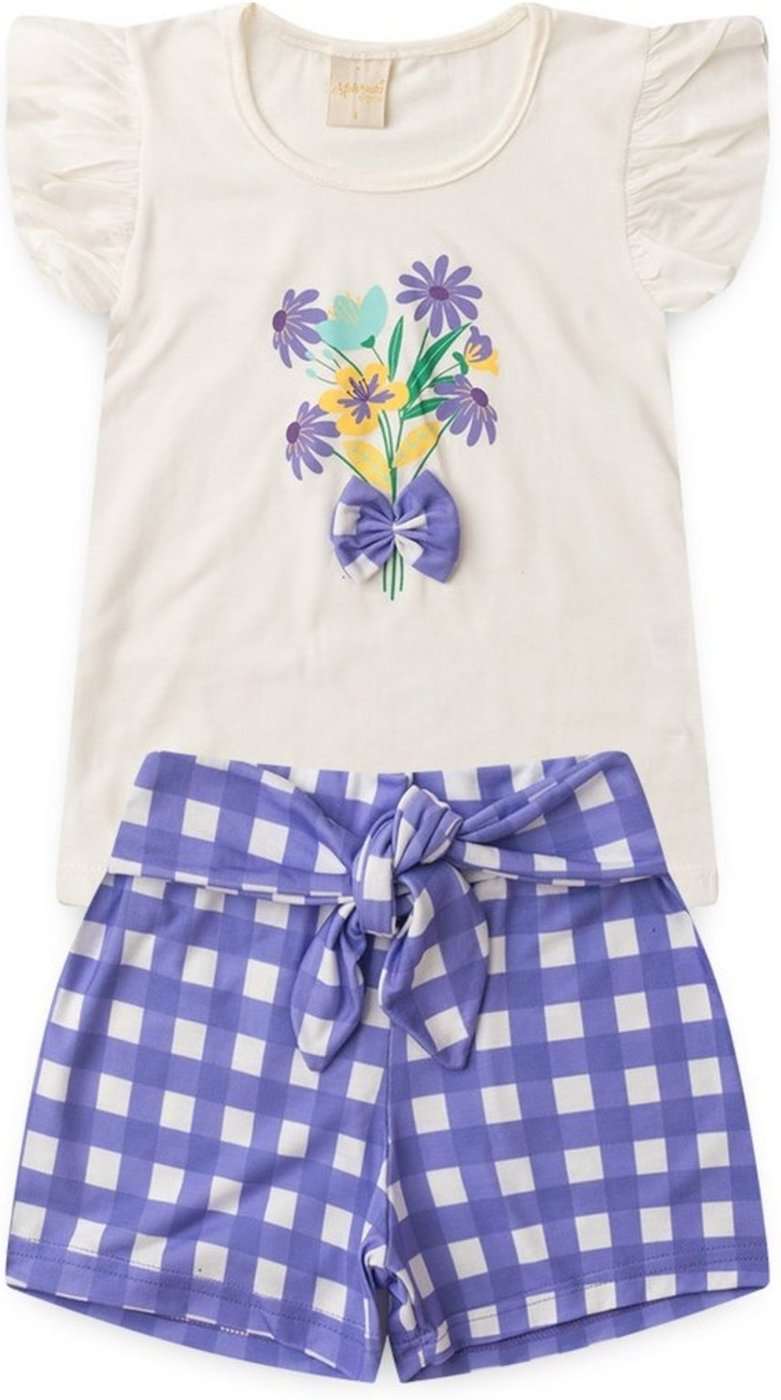 Imagem principal Infantil - Conjunto Verão Menina Natural Blusa e Shorts com Faixa Sobreposta Flores do Jardim Molekada bege natural Molekada bege natural