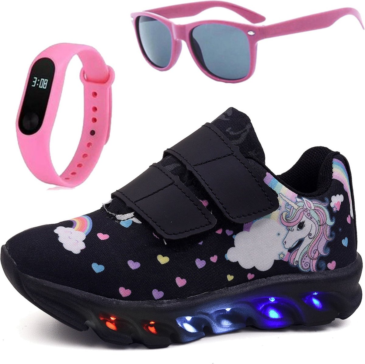 Infantil - Tênis Feminino de Led Unicornio Menina Tira Colante com Óculos e Relógio