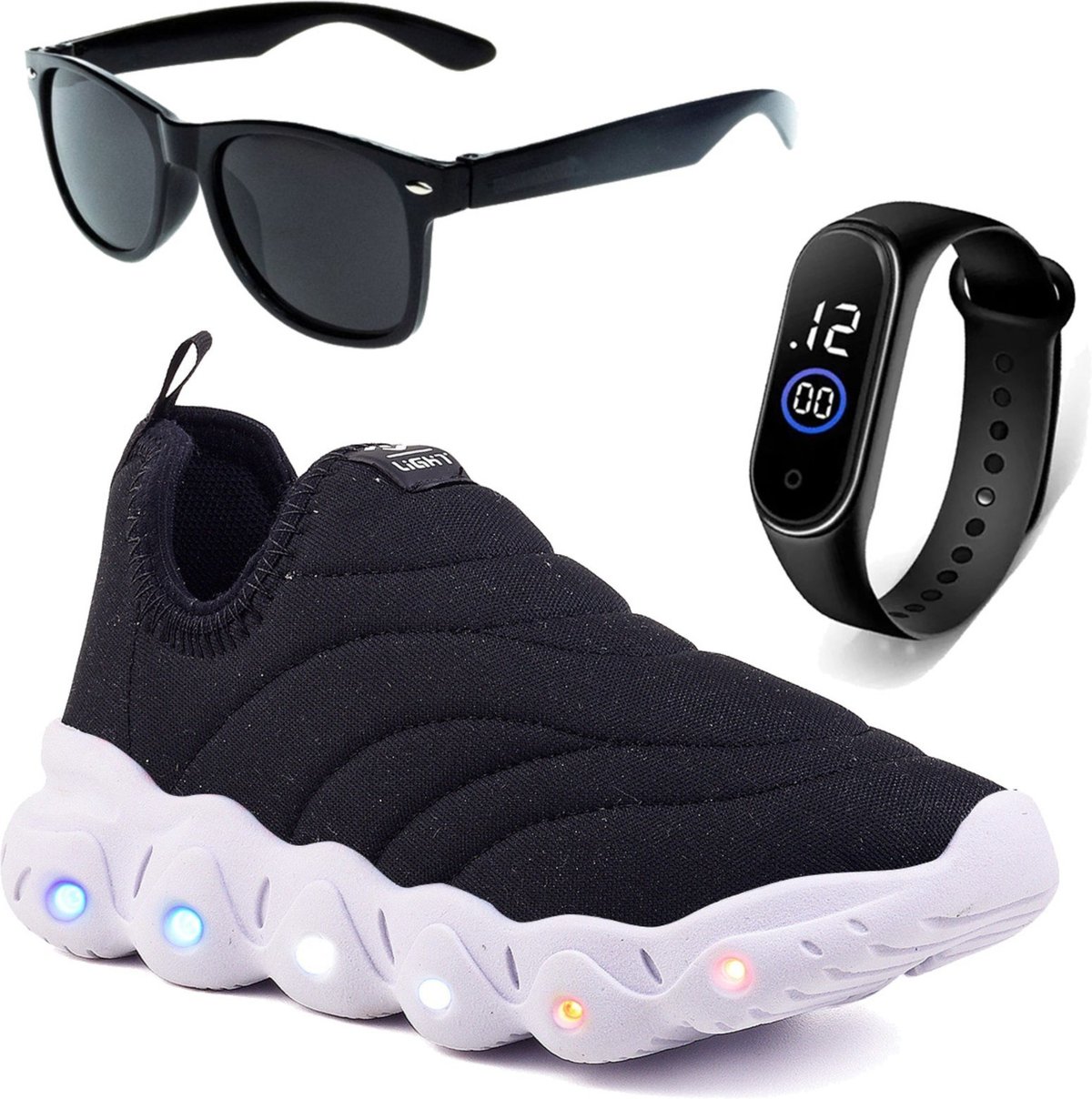 Infantil - Tenis de Led Menino e Menina Calce Facil e Branco e Óculos e Relógio
