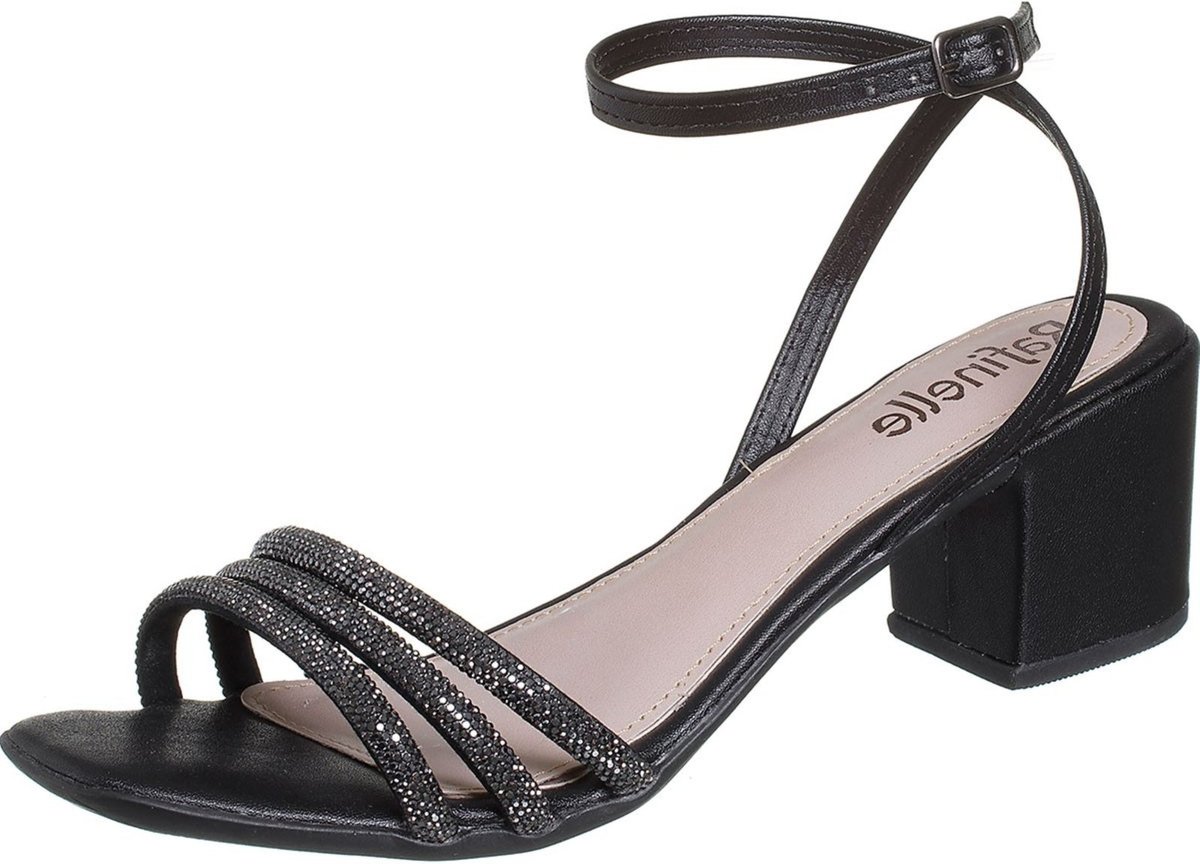 Imagem principal Sandália Salto Quadrado Feminina Com Brilho Salto Baixo Fecho em Tornozelo Preta Minipasso preto Minipasso preto