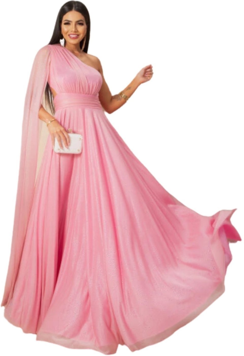 Vestido Longo de Festa Micro tule Com Brilho uma Manga Sueli