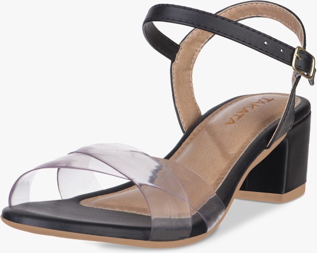 Sandália Feminina Salto Bloco Baixo Fivela Tiras Cruzadas Vinil Transparente