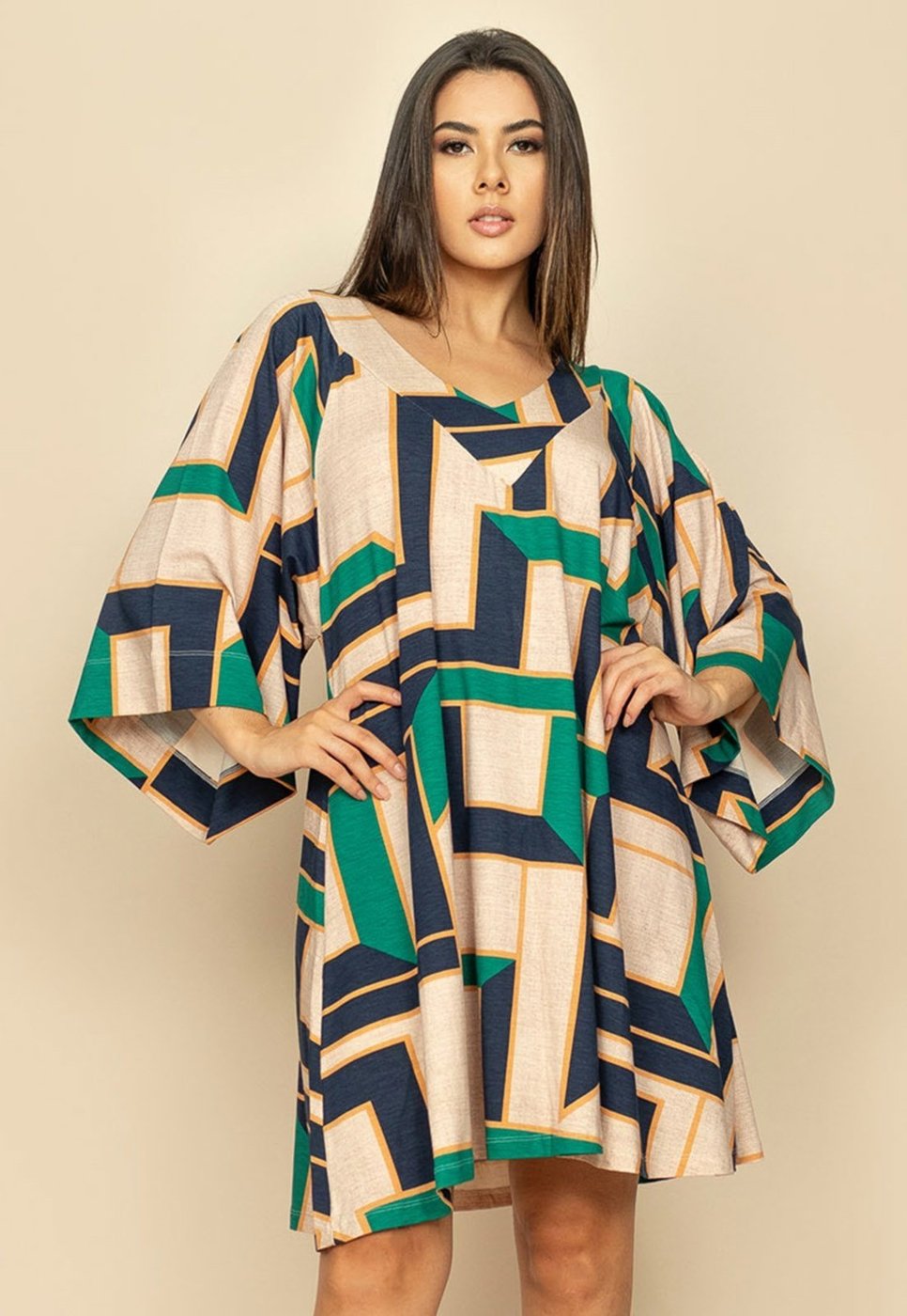 Vestido Curto Amplo Malha Estampa Chapada de Areia