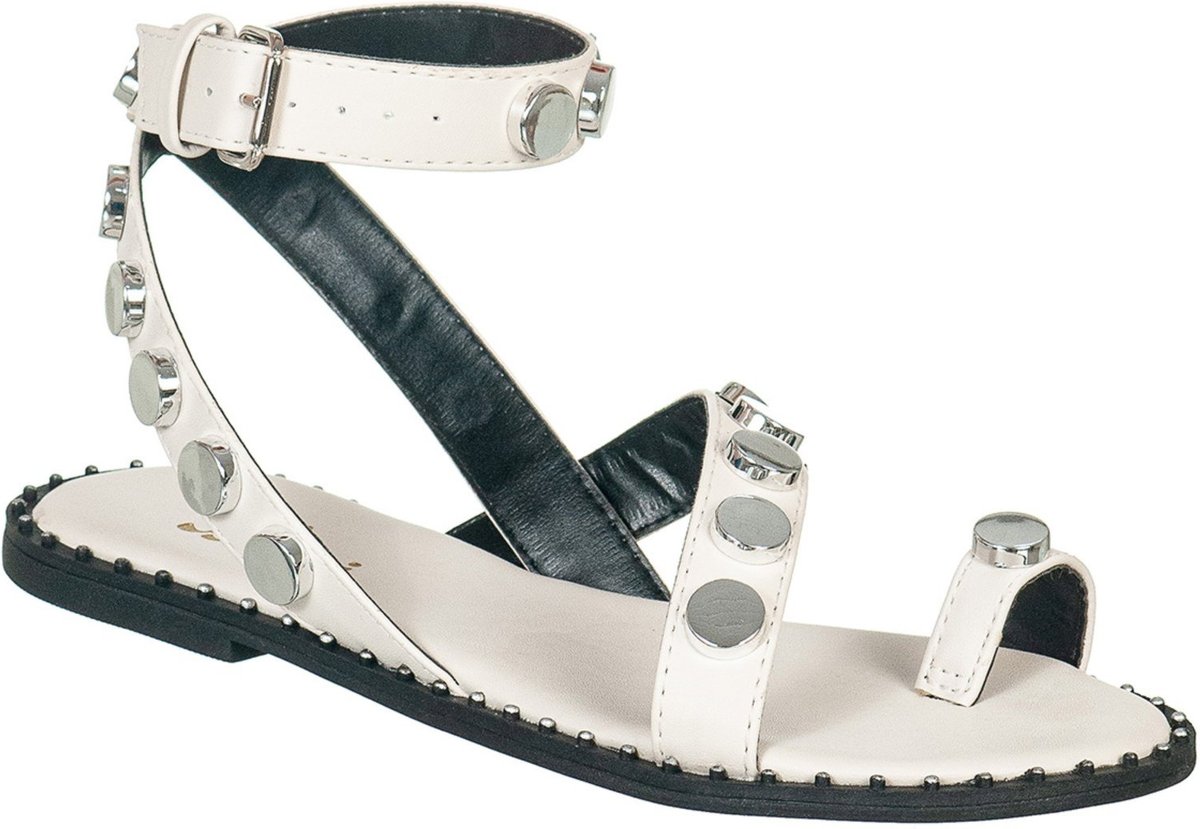 Sandália Feminina Via Birigui Rasteira Esferas e Metal Bege