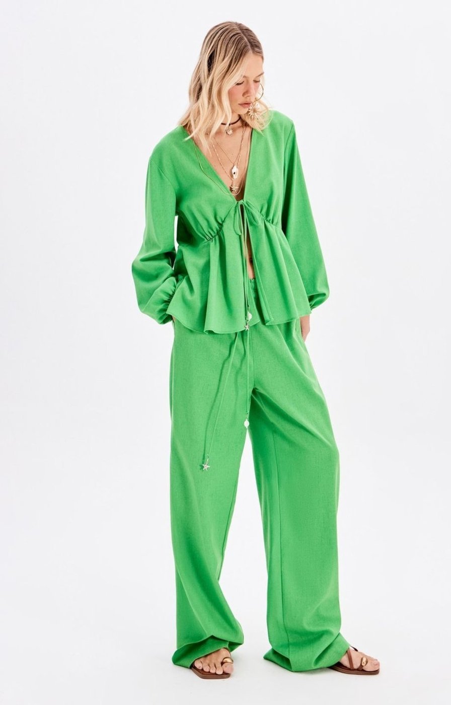 Calça Full Length Cós De Elástico Com Linho