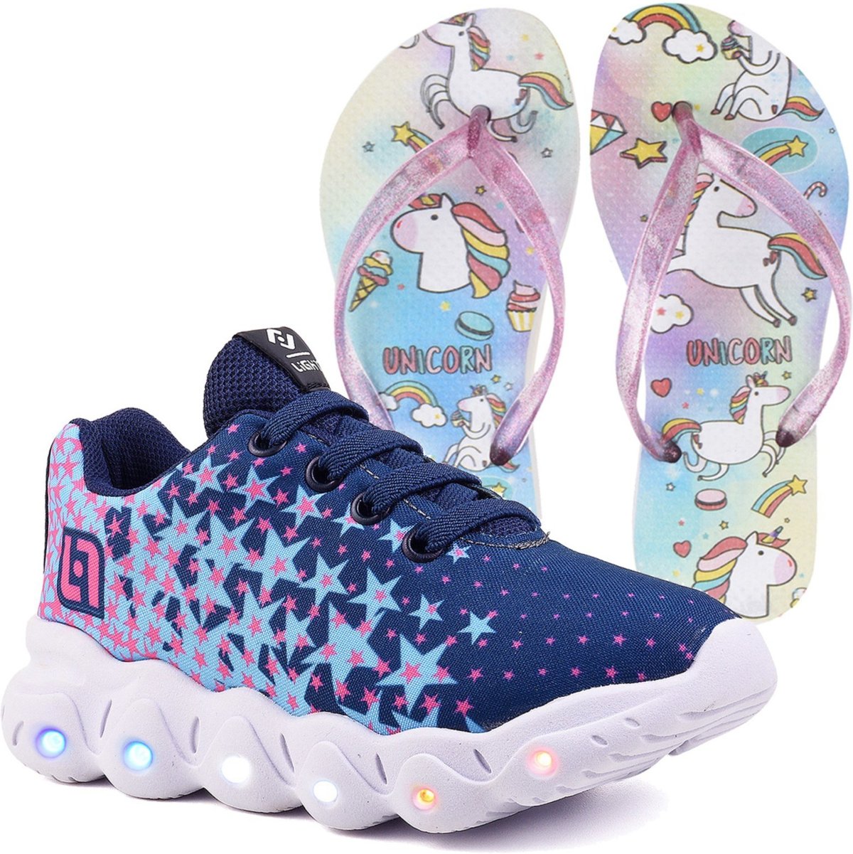 Infantil - Tenis De Led Meninas Casual Marinho e Pink Com Luzes Feminino + Chinelo