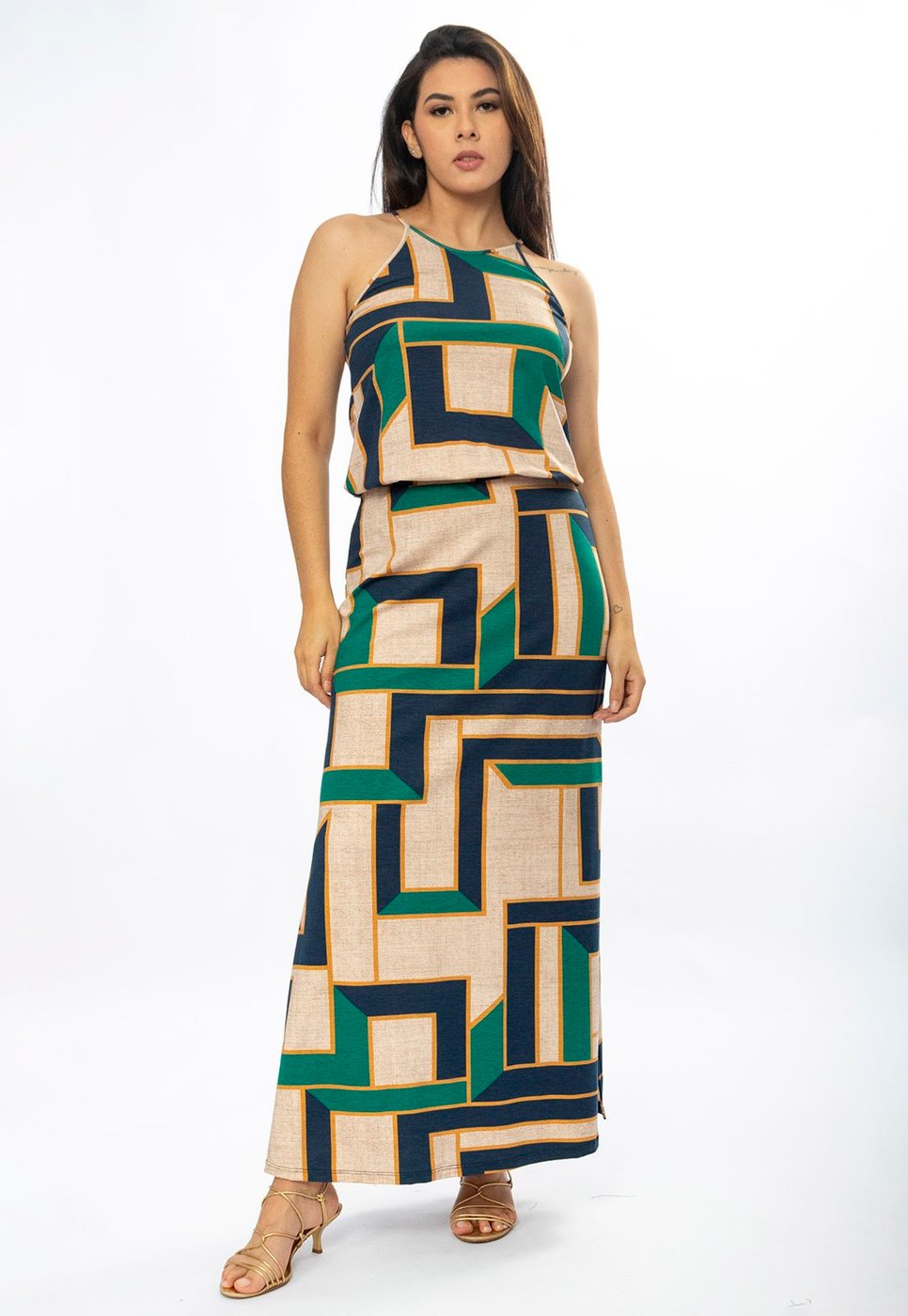 Vestido Longo Cabanafree Malha Trapézio com Elástico na Cintura Chapada de Areia