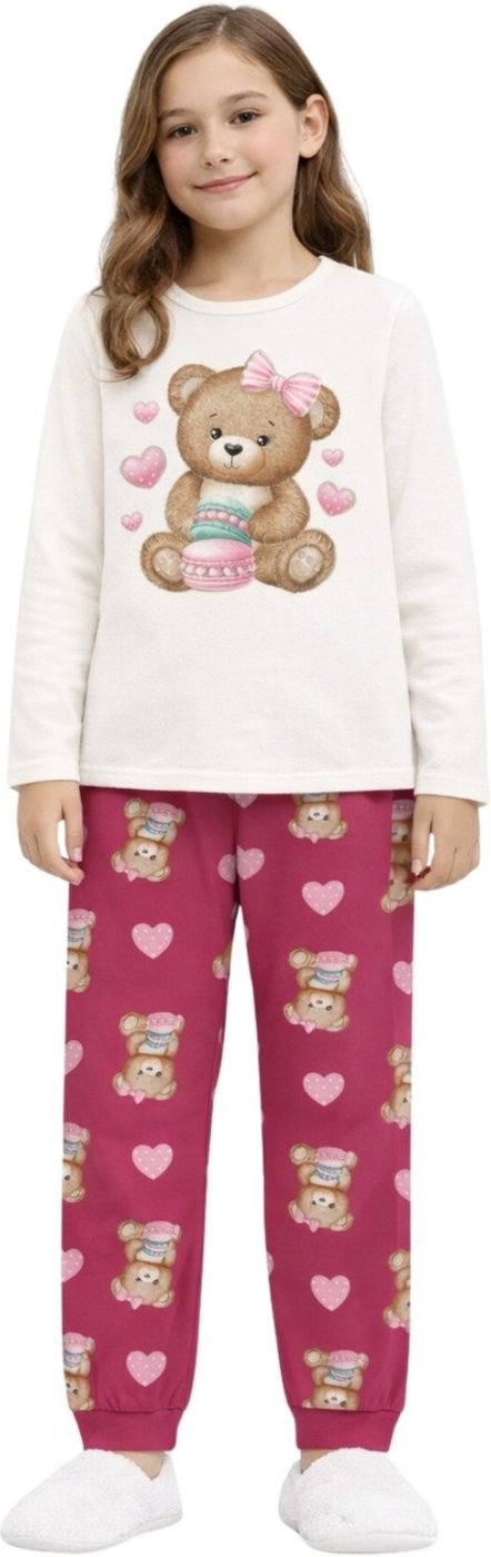 Pijama Juvenil 2pçs Manga Longa E Calça Kyly Ursinho Off White