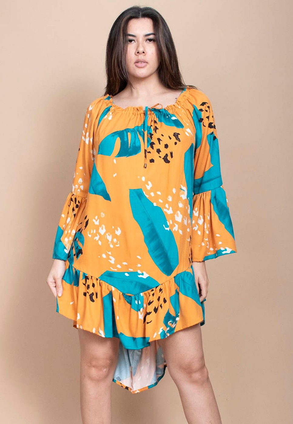 Vestido Curto Cabanafree Viscose Com Babados Estampa Aurora Botãnica