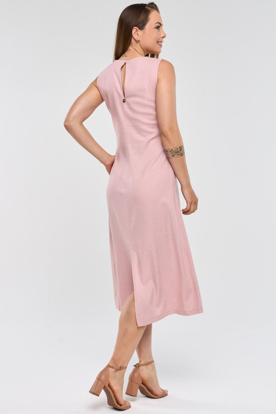 Vestido Midi PKS Com Bolsos Linho Rosê