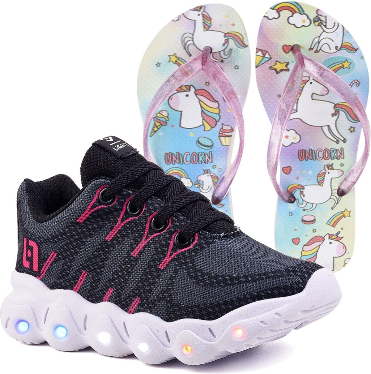 Infantil - Tenis De Led Meninas Casual Preto e Pink Com Luzes Feminino + Chinelo